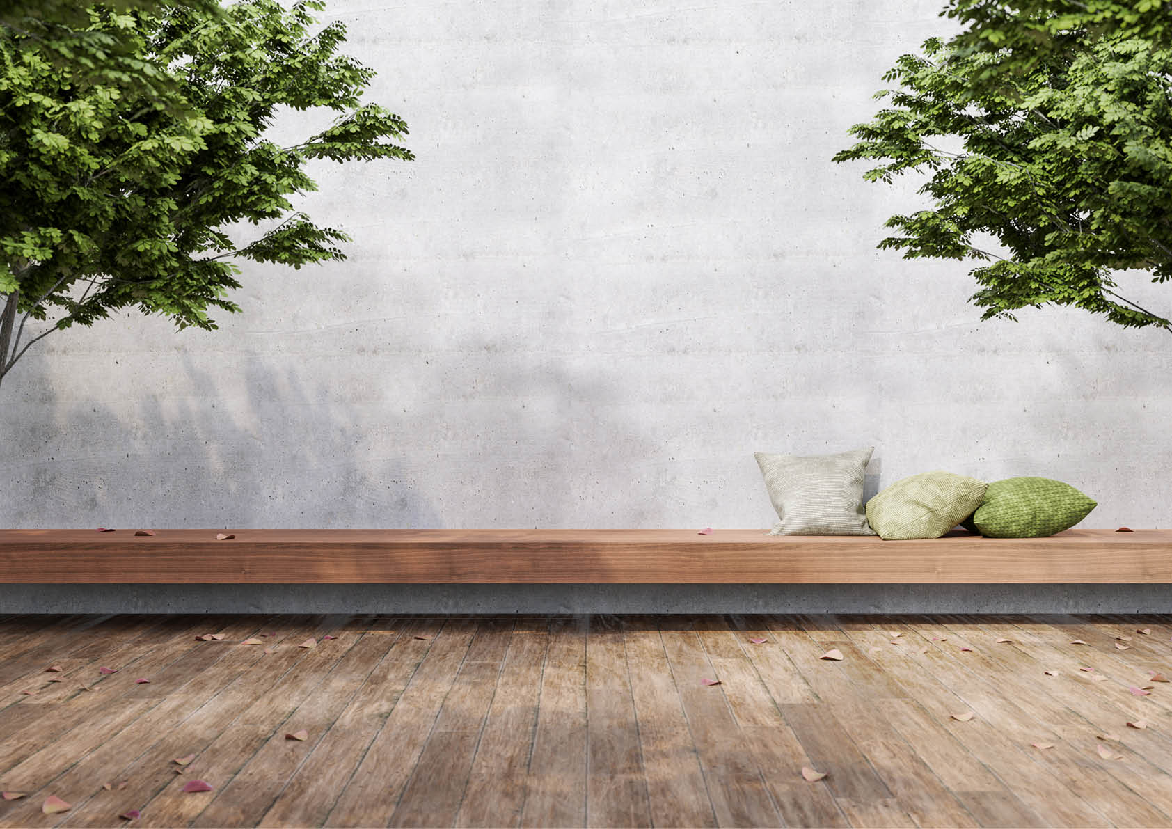 Minimal loft style outdoor terrace 3d render,There are wooden floors, empty concrete walls decorate with long wood bench and green pillow