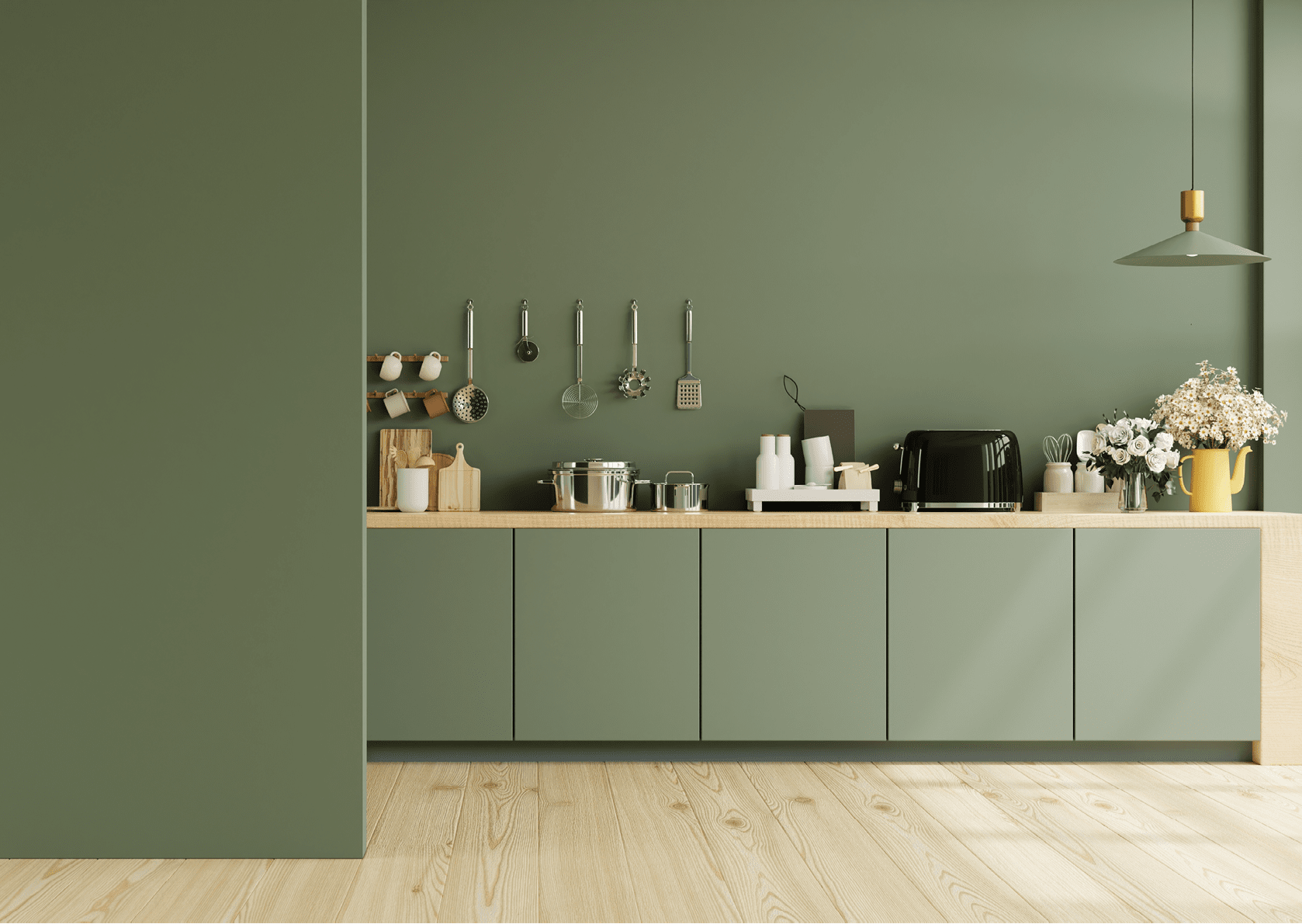 Green kitchen and minimalist interior design.3d rendering