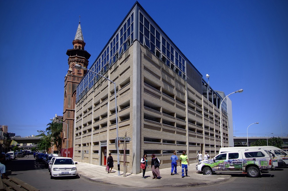 A view of the new Denis Hurley Centre showing the cathedral in the rear of the image.