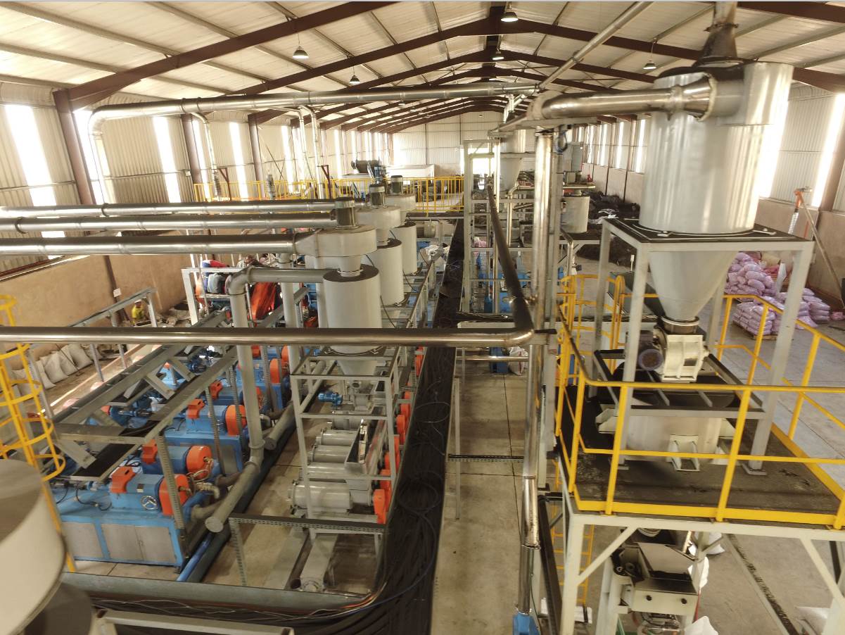 An overhead photograph of the new tyre shredding equipment installed in the Mathe Group factory in Hammarsdale