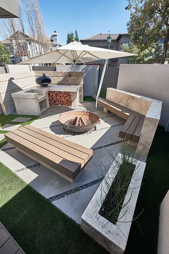 CemPlaster Pavilion Grey for built-in seating and braai area.
