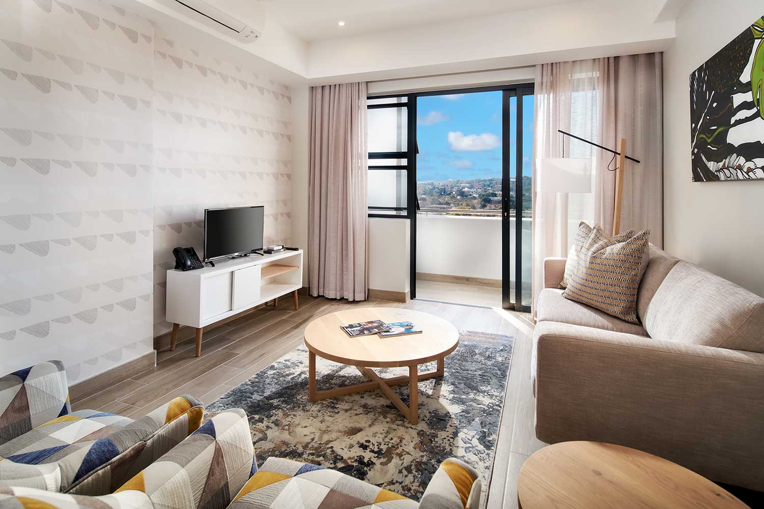 The sitting room in each apartment has a beautiful view