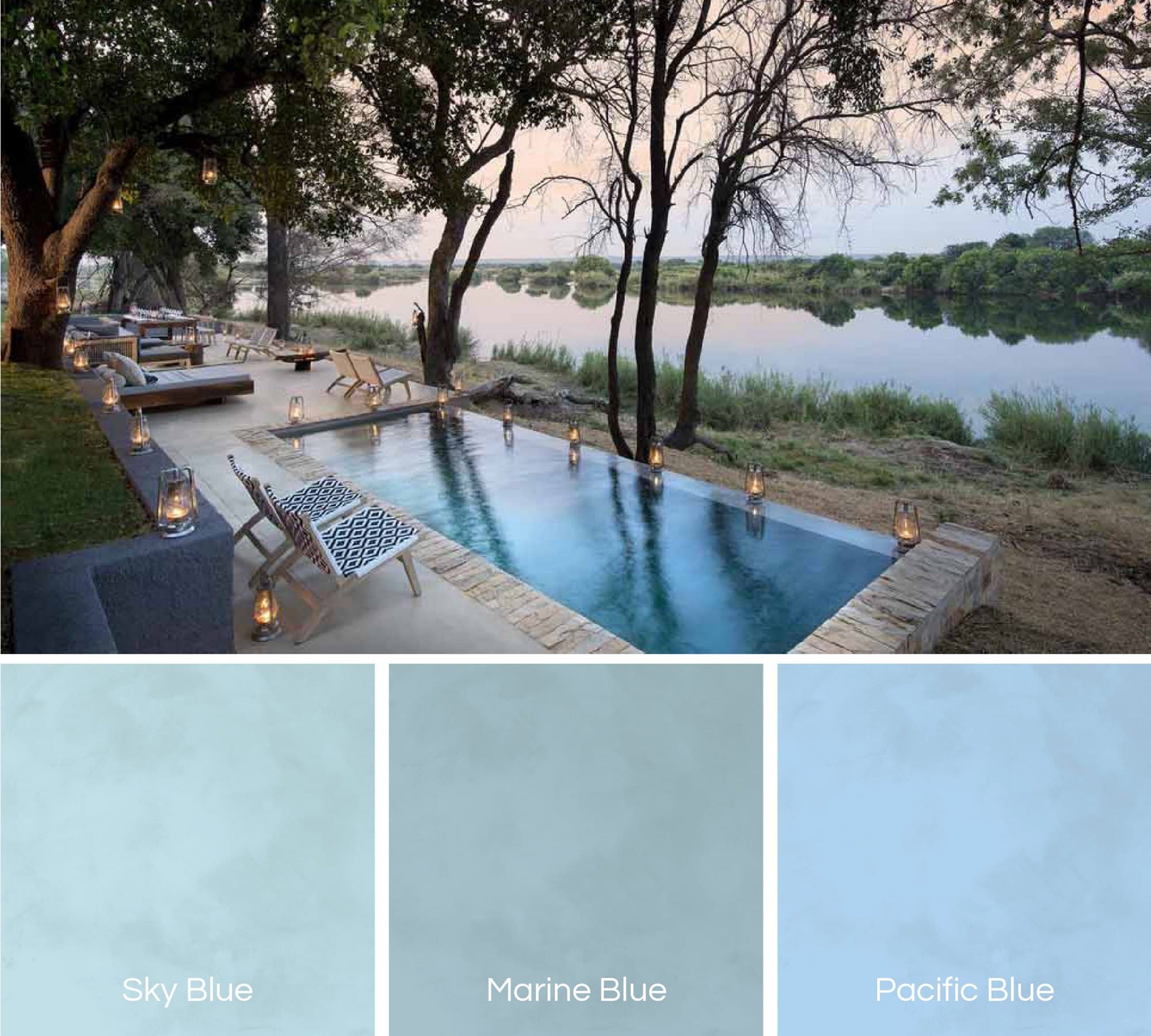 Cemcrete Poolcrete marble pool plaster in various blue shades