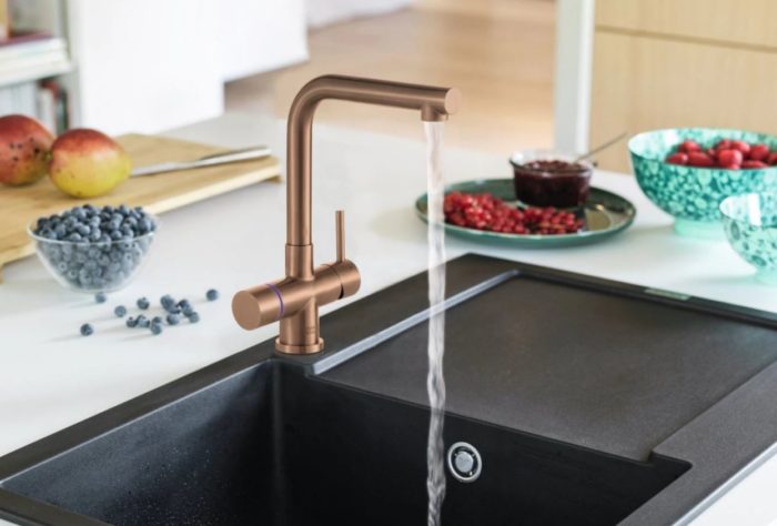 black granite sink copper taps